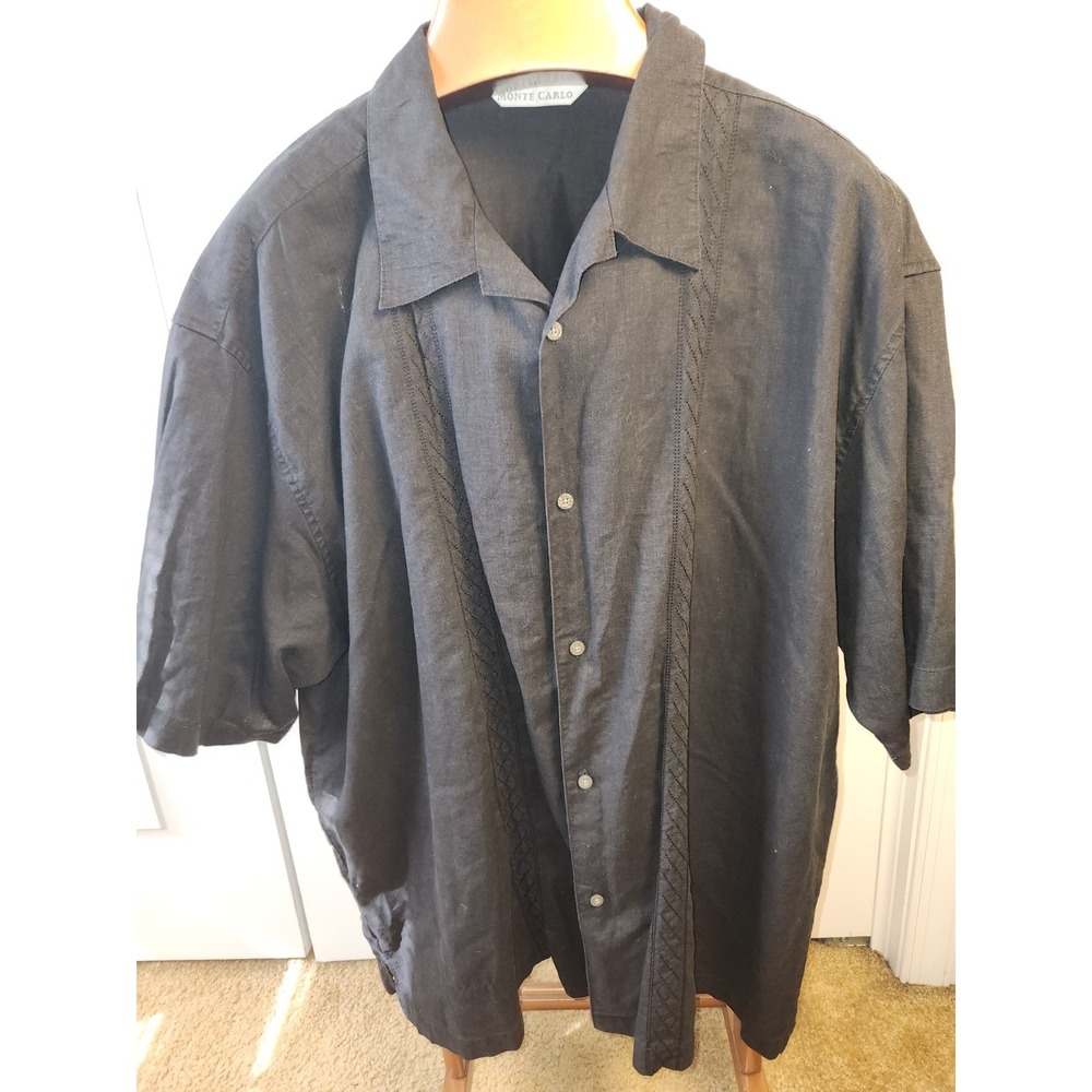 Monte‎ Carlo Mens Black Embroidered Linen Blend Short Sleeve Button Down Sz 2X